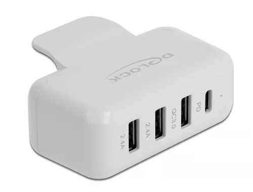 Delock USB-Wandladegerät Apple Adapter 4x USB, PD & QC 3.0 - Ladeport Output: 1x USB Power Delivery 3.0 (variable Spannung) - 1x QuickCharge 3.0 (variabler Ladestrom/Spannung) - Detailfarbe: Weiss - USB Ladeanschluss: 4