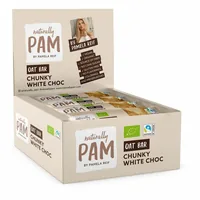 Naturally Pam Riegel Bio Oat Bar – Chunky White Choc 12 x 40 g - Produkttyp: Riegel mit Schokolade - Nährwertangabe pro: 100 g - Energiegehalt (in kj): 1920 KJ - Energiegehalt (in kcal): 458 Kcal - Fett: 22.8 g - Gesättigte Fettsäuren: 6 g