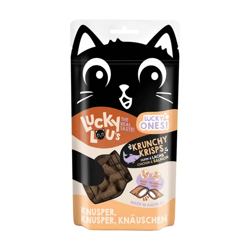 Lucky Lou Katzen-Snack Lucky Ones Krunchy Krisps Huhn & Lachs, 60g - Snackart: Biscuits - Tierbedürfnis: Kein besonderes Bedürfnis - Geschmacksrichtung: Fisch - Geflügel - Zertifikate: Keine Zertifizierung - Fleischsorte: Huhn - Lachs - Packungsgrösse: 60