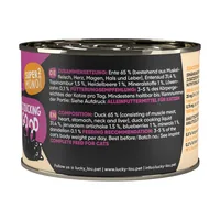 Lucky Lou Nassfutter SuperMono Ente, 200 g - Tierbedürfnis: Verdauung - Magen & Darm - Geschmacksrichtung: Geflügel - Zertifikate: Keine Zertifizierung - Fleischsorte: Ente - Futtereigenschaft: Getreidefrei - Single Protein - Produkttyp: Alleinfutter
