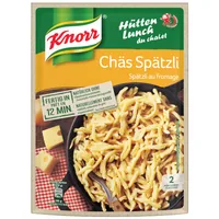 Knorr Hütten Lunch Chäs Spätzli 2 Portionen - Produkttyp: Pastagerichte - Nährwertangabe pro: 100 g - Energiegehalt (in kj): 473 KJ - Energiegehalt (in kcal): 112 Kcal - Fett: 2.9 g - Gesättigte Fettsäuren: 1.5 g