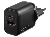 onit USB-Wandladegerät Dual 1C1A 25 W GaN Schwarz - Ladeport Output: 1x USB-C 25W - 1x USB-A 21.6W - Detailfarbe: Schwarz - USB Ladeanschluss: 2