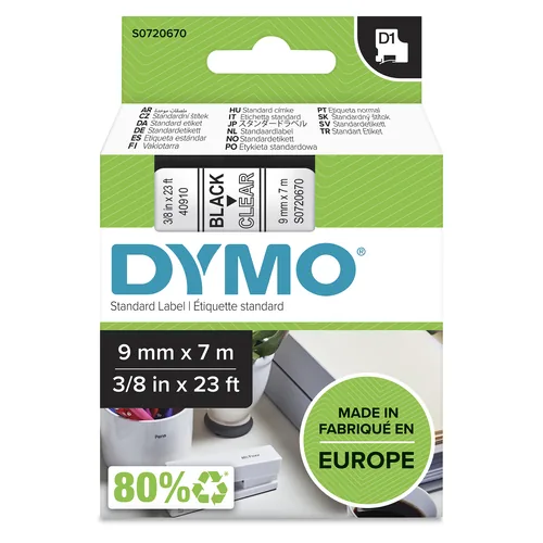 DYMO D1 Schriftband 40910 9mmx7.0m schwarz->transp.