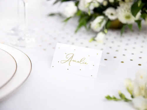 Partydeco Tischkarte Punkte 9.5 x 5.5 cm, 10 Stück, Weiss/Gold - Papierformat: 9.5 x 5.5 cm - Motiv: Hochzeit - Verpackungseinheit: 10 Stück - Detailfarbe: Gold - Weiss - Inkl. Couvert: Nein