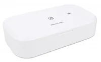 Manhattan UV Phone Sanitizer with Wireless Charger, 10 W Wireless Charging Pad, Integrated UV LEDs to eliminate germs, viruses and bacteria, Quick 1-minute or 5-minute cleaning cycle, Auto-off UV light when opened, White, 3 Year Warranty