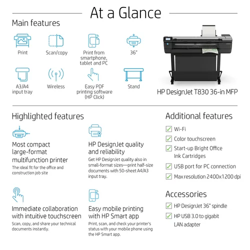 HP Designjet T830 24-in Multifunction Printer Großformatdrucker WLAN Tintenstrahl Farbe 2400 x 1200 DPI 610 x 1897 mm Ethernet/LAN