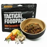 Tactical Foodpack Hauptgericht Rindfleisch-Burgunder-Eintopf - Produkttyp: Fleischgerichte - Nährwertangabe pro: Portion - Energiegehalt (in kj): 2066 KJ - Energiegehalt (in kcal): 500 Kcal - Fett: 25 g - Gesättigte Fettsäuren: 10 g
