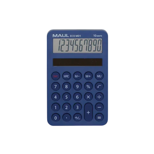 Maul Taschenrechner ECO MD1 Blau - Stromversorgung: Solarbetrieb - Typ: Taschenrechner - Detailfarbe: Blau - Displaytyp: LCD - Anzahl Zeilen: 1 × - Anzahl Stellen: 10 ×