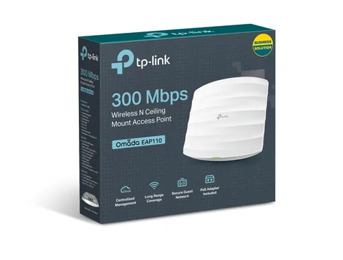 TP-Link Access Point EAP110 - Access Point Features: Multiple SSID - RADIUS - VLAN - WLAN-Controller - Tiefe: 180 mm - Breite: 180 mm - Aussenanwendung: Nein - Antennenanschluss: Kein externer Anschluss - Höhe: 47.5 mm