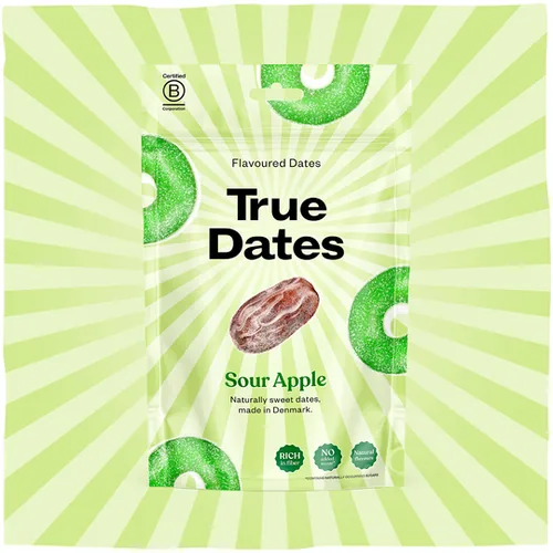 True Gum True Dates – Saurer Apfel 100g - Produkttyp: Datteln - Nährwertangabe pro: 100 g - Energiegehalt (in kj): 1411 KJ - Energiegehalt (in kcal): 333 Kcal - Fett: 2.9 g - Davon gesättigte Fettsäuren: 2.5 g