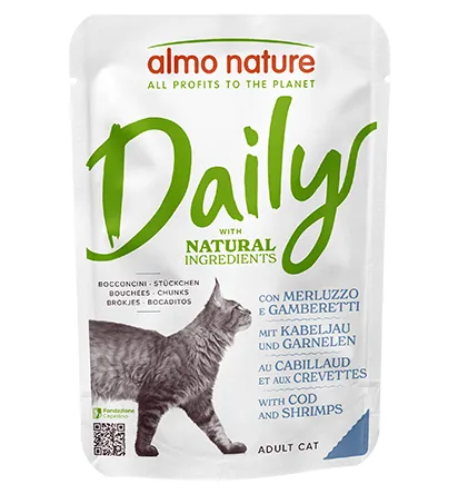 Almo Nature Nassfutter Daily mit Kabeljau und Garnelen 70g - Tierbedürfnis: Kein besonderes Bedürfnis - Geschmacksrichtung: Fisch - Zertifikate: Keine Zertifizierung - Fleischsorte: Kabeljau - Garnelen - Packungsgrösse: 70 g - Futtereigenschaft: Keine bes