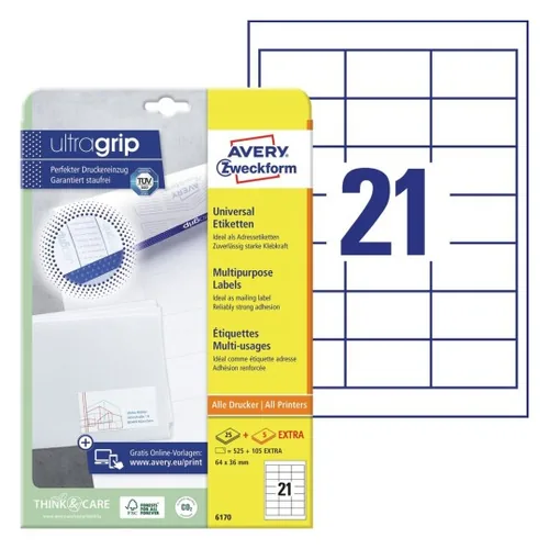 Avery Zweckform Universal-Etiketten 6170 64x36 mm, 30 Blatt - Klebehaftung: Permanent - Drucker Kompatibilität: Laser - Inkjet - Anzahl Blatt: 30 × - Papierformat: A4 - Anzahl Etiketten: 630 - Etikettengrösse: 64x36 mm