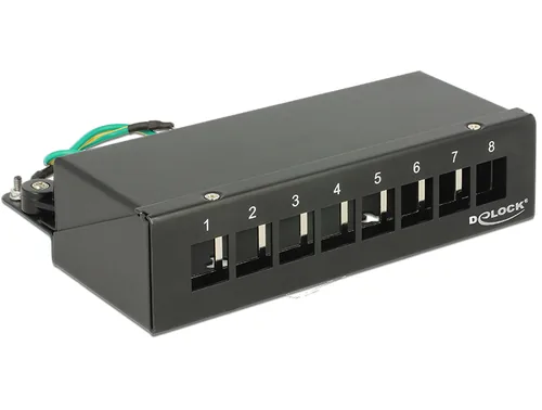 Delock Netzwerkpanel 8 Port Keystone Desktop schwarz - Detailfarbe: Schwarz - Montage: Wand - DIN-Rail - Desktop - Serie: Standard - E-Nr.: 0 - Schirmung: Ja - Schnittstellen: Keystone