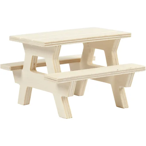 Creativ Company Mini-Möbel Picknick-Tisch mit Bank 1 Stück - Detailfarbe: Hellbraun - Material: Holz - Verpackungseinheit: 1 Stück - Motiv: Möbelstück - Garten - Anlass: Universal