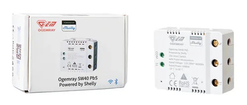 Shelly Ogemray Smart Relay 25 A 6000 W - Detailfarbe: Weiss - Produkttyp: Zentralen und Gateways - Protokoll: Bluetooth - WLAN - Systemkommunikation: Wireless - System-Kompatibilität: Google Assistant - Apple HomeKit - Amazon Alexa