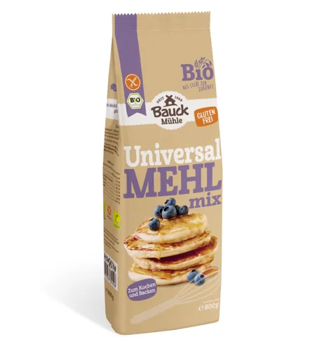 Bauck Mühle Mehlmix Universal 800 g - Nährwertangabe pro: 100 g - Energiegehalt (in kj): 1466 KJ - Energiegehalt (in kcal): 345 Kcal - Fett: 0.5 g - Produkttyp: Pancakes - Davon gesättigte Fettsäuren: 0.1 g