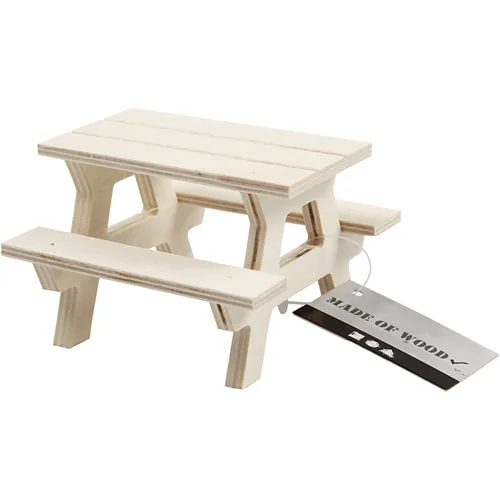 Creativ Company Mini-Möbel Picknick-Tisch mit Bank 1 Stück - Detailfarbe: Hellbraun - Material: Holz - Verpackungseinheit: 1 Stück - Motiv: Möbelstück - Garten - Anlass: Universal