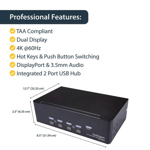 STARTECH.COM 4 Port Dual DisplayPort KVM Switch - DisplayPort 1.2 KVM - 4K 60Hz - DisplayPort Switch - USB KVM Switch