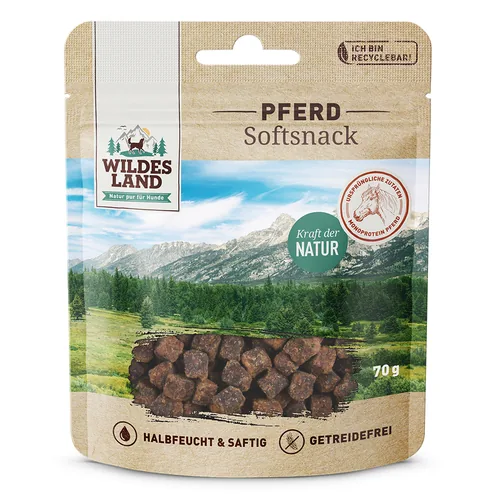 Wildes Land Snack Pferd 70 g - Snackart: Leckerli - Tierbedürfnis: Kein besonderes Bedürfnis - Geschmacksrichtung: Pferd - Zertifikate: Keine Zertifizierung - Fleischsorte: Pferd - Futtereigenschaft: Getreidefrei - Bio