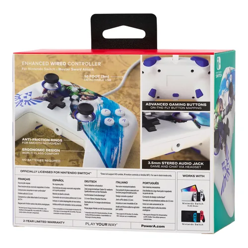Power A Enhanced Wired Controller Master Sword Attack - Plattform: Nintendo Switch - Nintendo Switch OLED-Modell - Verbindungsmöglichkeiten: Kabelgebunden - USB Typ-A - Controller Typ: Gamepad - Detailfarbe: Blau - Mehrfarbig - Weiss