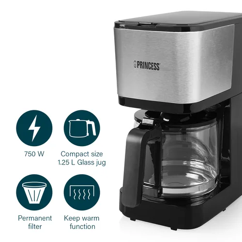 Princess Filterkaffeemaschine Compact 12 Schwarz/Silber - Detailfarbe: Schwarz - Silber - Anzahl Tassen: 12 - Ausstattung: Anti-Rutsch-Füsse - Anti-Tropfsystem - Herausnehmbarer Filter - Kaffeekannenfunktion