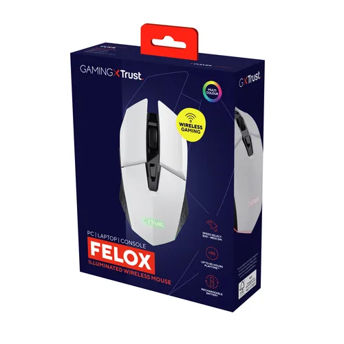 Trust Gaming-Maus GXT110 Felox Weiss - Maus Features: Umschaltbare DPI-Auflösung - Daumentaste - Beleuchtung - Scrollrad - Bedienungsseite: Universal - Detailfarbe: Weiss - Gewicht: 116 g - 92 g - Verbindungsart: Kabellos - Schnittstelle: USB-A