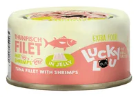Lucky Lou Extra Food Thunfisch & Shrimps in Gelée, 70 g - Tierbedürfnis: Kein besonderes Bedürfnis - Geschmacksrichtung: Fisch - Zertifikate: Keine Zertifizierung - Fleischsorte: Thunfisch - Garnelen - Packungsgrösse: 70 g - Futtereigenschaft: Getreidefre