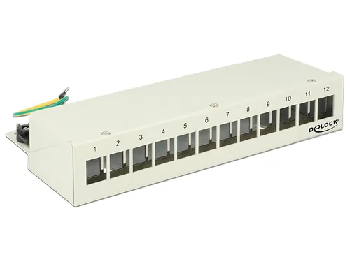 Delock Netzwerkpanel Keystone 12-Port Desktop, grau - Detailfarbe: Grau - Montage: Wand - DIN-Rail - Desktop - Serie: Standard - E-Nr.: 0 - Schirmung: Ja - Schnittstellen: Keystone