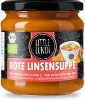 Little Lunch Rote Linsensuppe Bio 350 ml - Produkttyp: Gemüse- & Pilzsuppe - Nährwertangabe pro: 100 ml - Energiegehalt (in kj): 252 KJ - Energiegehalt (in kcal): 60 Kcal - Fett: 1.7 g - Gesättigte Fettsäuren: 0.2 g