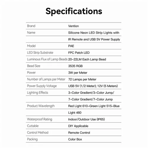 Vention Silicone Neon LED strip with remote control, 12V, 2m