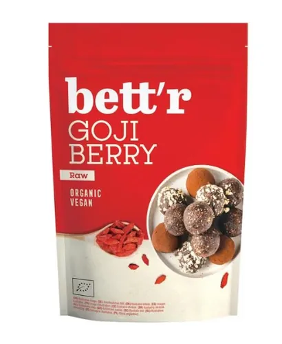 Bett'r Bio Goji Beeren 100 g - Produkttyp: Superfood - Nährwertangabe pro: 100 g - Energiegehalt (in kj): 1332 KJ - Energiegehalt (in kcal): 315 Kcal - Fett: 3.1 g - Davon gesättigte Fettsäuren: 0.6 g