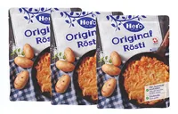 Hero Rösti Original 3 x 500 g - Produkttyp: Kartoffelgerichte - Nährwertangabe pro: 100 g - Energiegehalt (in kj): 462 KJ - Energiegehalt (in kcal): 111 Kcal - Fett: 5.7 g - Gesättigte Fettsäuren: 0.5 g