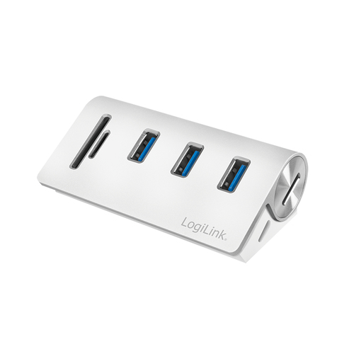 Logilink USB 3.0 HUB 3-Port, mit Kartenleser, ALU, silber
