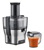 Trisa Entsafter Pure Juice Grau/Silber - Materialtyp: Metall - Material: Edelstahl - Kunststoff - Ausstattung: Einfüllöffnung - Edelstahlmesser - Entsafter - Anti-Rutsch-Füsse - Auffangbehälter - Detailfarbe: Silber - Grau - Gerätetyp: Entsafter - Set: Ne