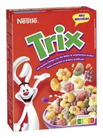 Nestlé Cerealien TRIX 300g - Produkttyp: Cerealien ohne Schokolade - Nährwertangabe pro: 100 g - Energiegehalt (in kj): 1654 KJ - Energiegehalt (in kcal): 391 Kcal - Fett: 4.3 g - Davon gesättigte Fettsäuren: 0.7 g
