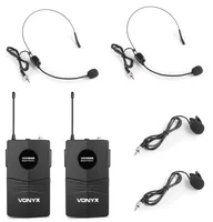 Vonyx WM82B Set - Wandlerprinzip: Dynamisch - Richtcharakteristik: Niere - Bauweise: Empfänger - Headset - Taschensender - Lavalier - Anschlüsse: XLR - 6.3 mm Klinke - Signalverarbeitung: Digital - Betriebsart: Netzbetrieb