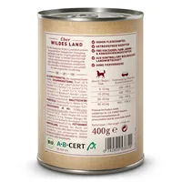 Wildes Land Nassfutter Rind mit Kartoffeln, Karotten & Zucchini 400 g - Tierbedürfnis: Kein besonderes Bedürfnis - Geschmacksrichtung: Rind - Zertifikate: EU BIO - Fleischsorte: Rind - Futtereigenschaft: Getreidefrei - Ohne künstliche Zusätze - Single Pro