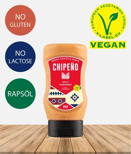Chipeno Sauce Spicy Habanero 300 ml - Produkttyp: Chilisauce - Nährwertangabe pro: 100 ml - Energiegehalt (in kj): 2257 KJ - Energiegehalt (in kcal): 539 Kcal - Fett: 40.8 g - Davon gesättigte Fettsäuren: 3.2 g