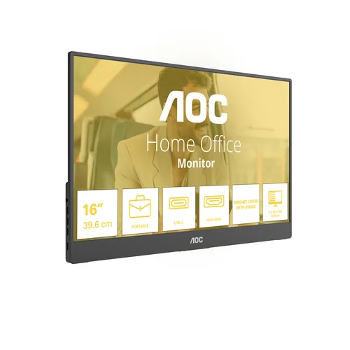 AOC Monitor 16T20E2 - Bildschirmdiagonale in Zoll: 15.6  - Auflösung: 1920 x 1080 (Full HD) - Video-Anschlüsse: Mini-HDMI - USB Typ-C - Anwendungsbereich: Business - Ergonomie: Neigbar - Curved: Nein