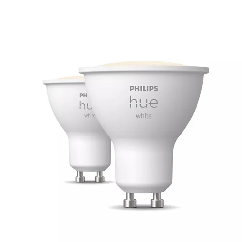 Philips Hue White GU10 Doppelpack 2 x 400 lm - Energieeffizienzklasse: E - Lampensockel: GU10 - Protokoll: Bluetooth - ZigBee - Smart Home: Kompatibel - Farbtemperatur Kelvin: 2700 K - Gesamtleistung: 4.2 W