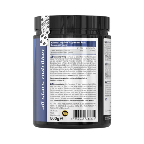 All Stars Pulver Creatin Monohydrat Neutral 500 g - Produktionsland: Deutschland - Anwendungszweck: Energie - Einnahme: Nach Aktivität - Vor Aktivität - Nachhaltigkeit: Nicht angegeben - Gewicht pro Einheit: 500 g - Produkttyp: Kreatinmonohydrat-Pulver