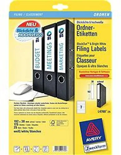 Avery Zweckform Ordneretiketten L4760 192 x 38 mm - Klebehaftung: Permanent - Drucker Kompatibilität: Inkjet - Laser - Anzahl Blatt: 30 × - Papierformat: A4 - Anzahl Etiketten: 210 - Etikettengrösse: 38 x 192 mm