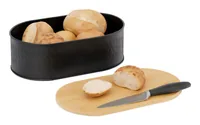 Relaxdays Brotkasten mit Schneidebrett bread box Oval Black, Natural Bamboo, Metal