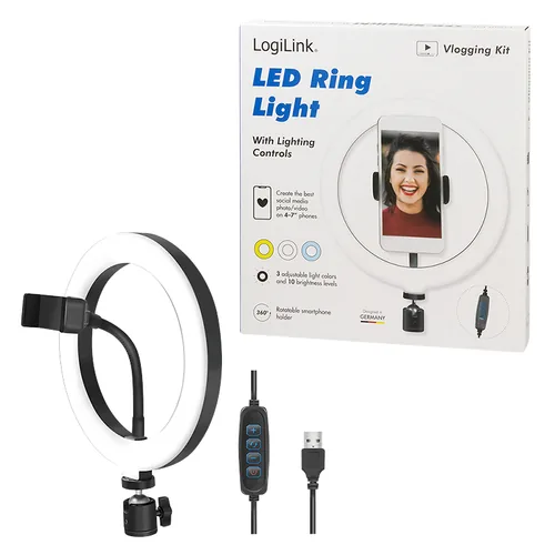Logilink Smartphone-Ringlicht, DM 20cm, 1.8m Kabel