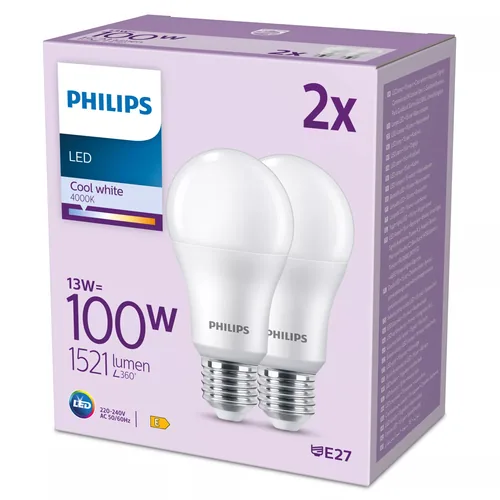 Philips Lampe LED 100W A67 E27 CW FR ND 2CT/6 Neutralweiss (NW) - Energieeffizienzklasse EnEV 2020: E - Lampensockel: E27 - Farbtemperatur Kelvin: 4000 K - Gesamtleistung: 13 W - Dimmbar: nicht dimmbar - Zusätzliche Ausstattung: Keine