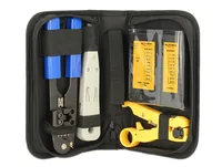 Delock Auflegewerkzeug Netzwerk Werkzeugset mit Kabeltester - Montageart: Crimpzange RJ45 (Litze) - LSA Auflegewerkzeug (Draht) - Crimpzange RJ12 (Litze) - Für Stecker: RJ45 (8 Pol) 8P2C - 8P4C - 8P6C - 8P8C - RJ12 (6 Pol) 6P6C - LSA