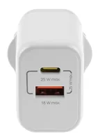 onit USB-Wandladegerät Dual 1C1A 25 W GaN Weiss - Ladeport Output: 1x USB-C 25W - 1x USB-A 21.6W - Detailfarbe: Weiss - USB Ladeanschluss: 2
