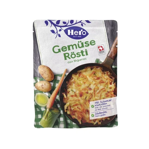 Hero Gemüse Rösti 500 g - Produkttyp: Kartoffelgerichte - Nährwertangabe pro: 100 g - Energiegehalt (in kj): 377 KJ - Energiegehalt (in kcal): 90 Kcal - Fett: 3.9 g - Gesättigte Fettsäuren: 0.3 g