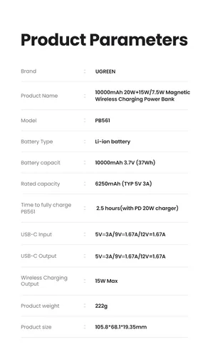 Ugreen 25208 power bank 10000 mAh Wireless charging Beige