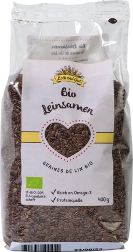 Leib und Gut Bio Leinsamen 400 g - Produkttyp: Samen - Nährwertangabe pro: 100 g - Energiegehalt (in kj): 2103 KJ - Energiegehalt (in kcal): 510 Kcal - Fett: 42 g - Gesättigte Fettsäuren: 3.7 g